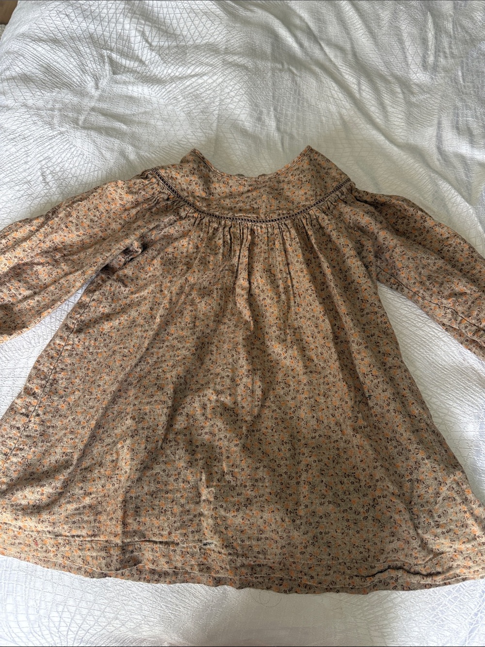 Zara Beige Floral Smocked Neck Dress with Orange Accents